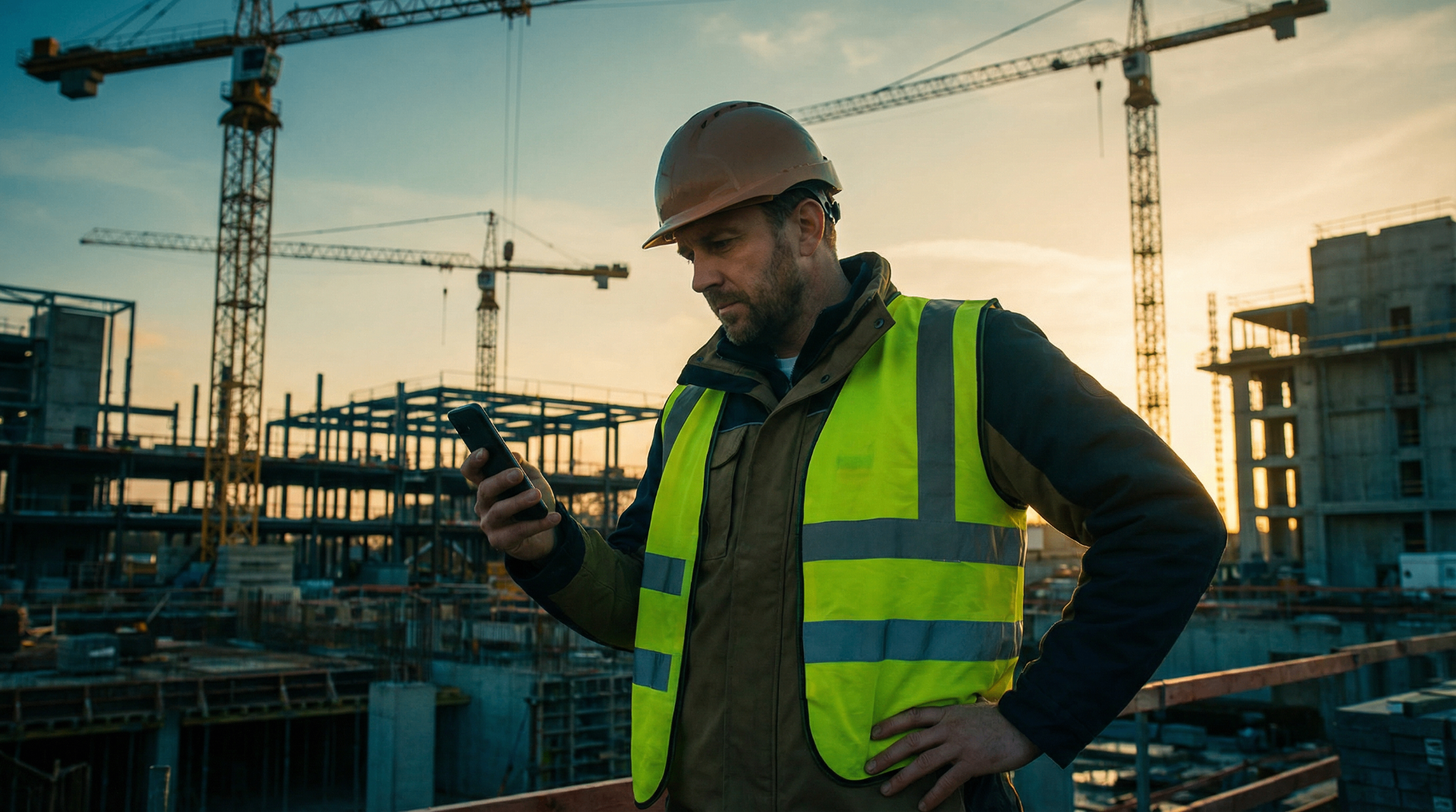 Construction supervisor in hard hat and safety vest checking his phone in front of a large jobsite with tower cranes at sunset