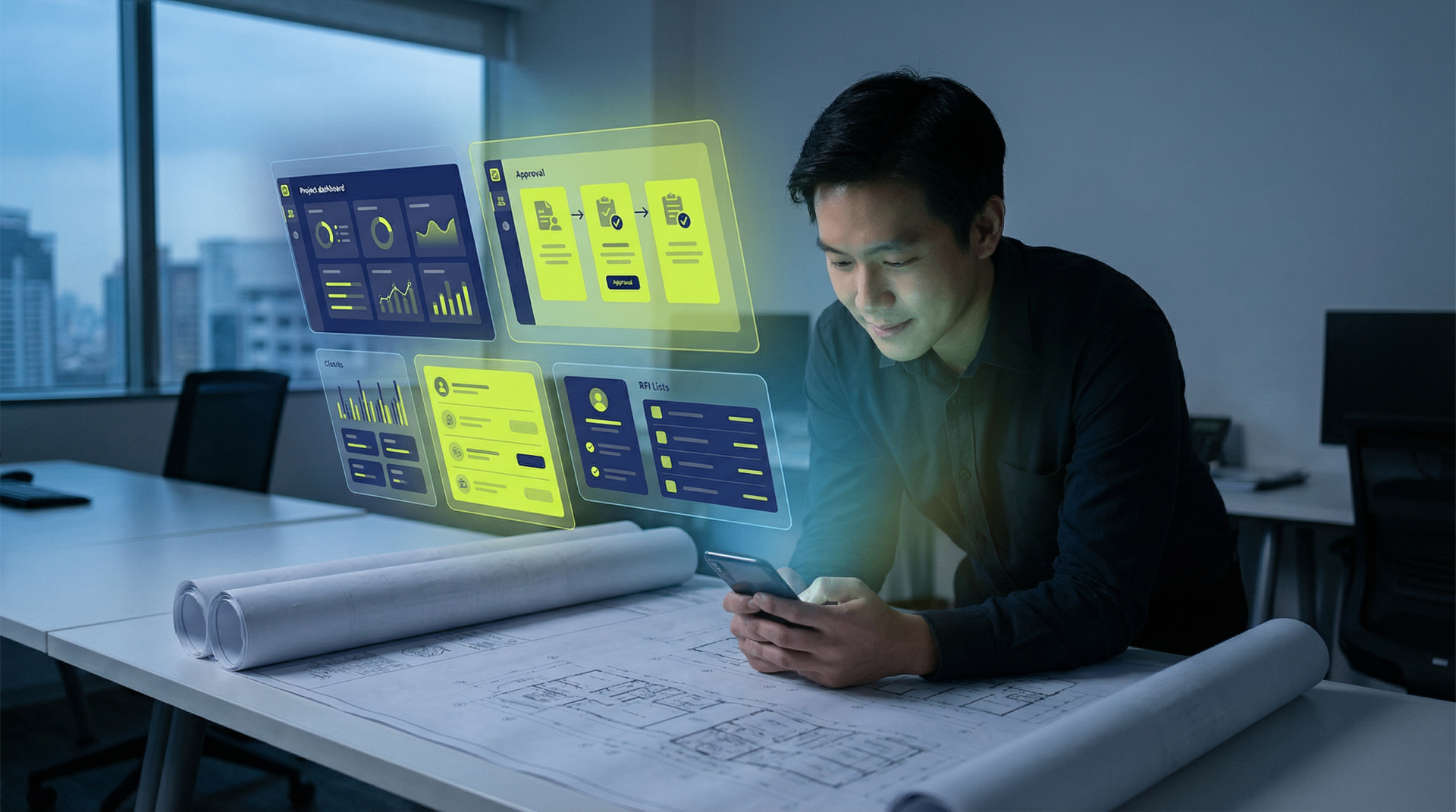 Construction operator reviewing a project dashboard, approvals workflow, and RFI lists on a mobile device with holographic screens over a blueprint