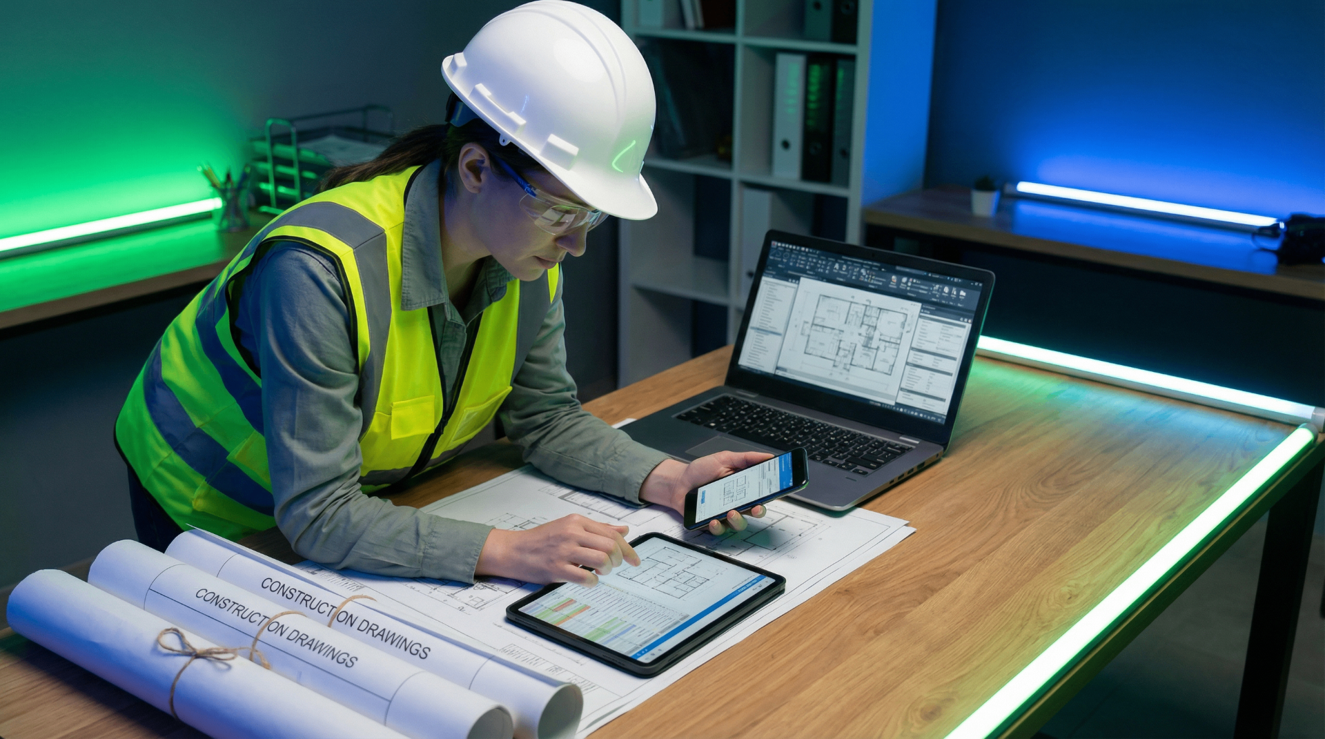 Construction executive in hard hat and safety vest reviewing project dashboards, roadmaps, and workflow diagrams on a tablet at a job site