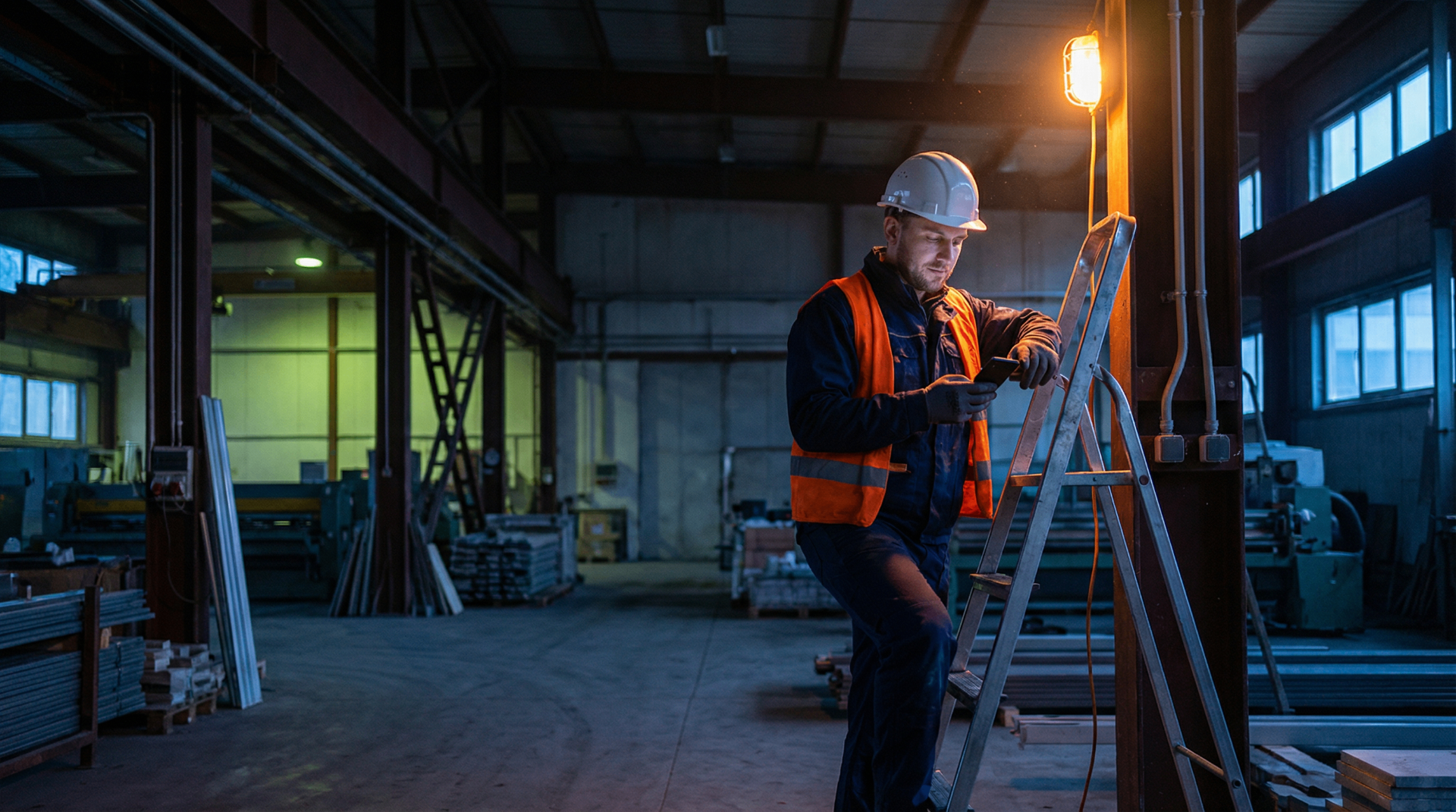 Construction worker in hard hat and hi-vis vest using a mobile device under a work light inside a fabrication facility at dusk