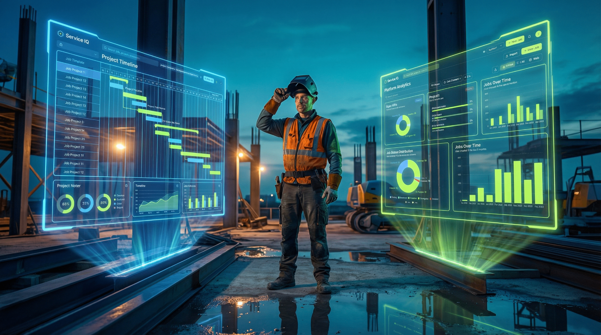 AI-augmented construction jobsite with project timeline and analytics overlays