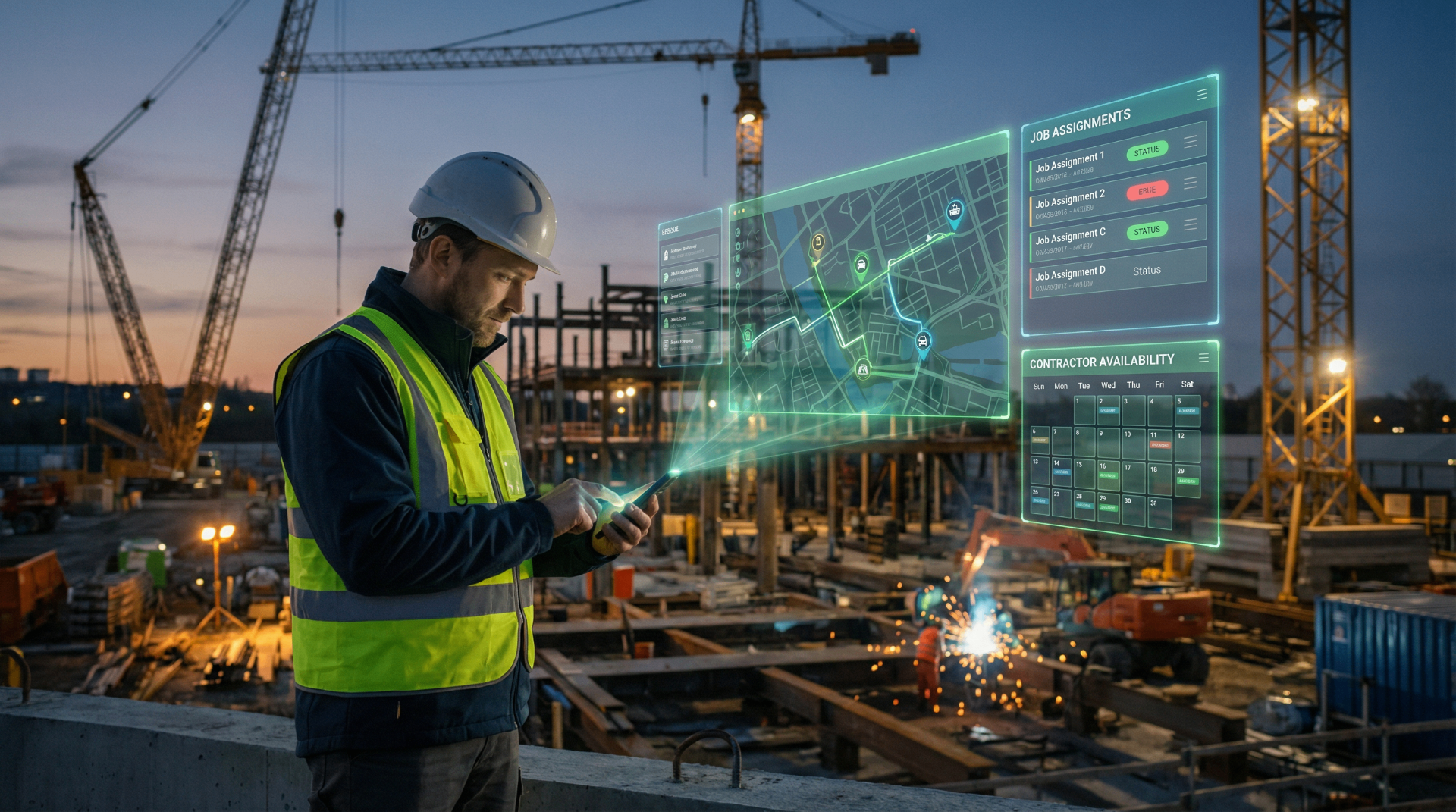 Construction supervisor on a hyperscale jobsite reviewing job assignments and contractor availability on an AR dashboard at dusk
