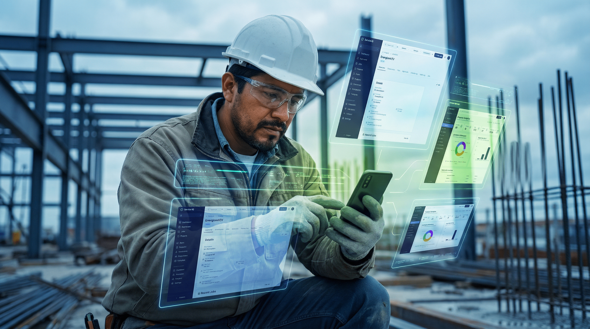 Construction worker in hard hat and safety glasses reviewing ServiceIQ dashboards on a mobile phone at a steel-frame data center jobsite