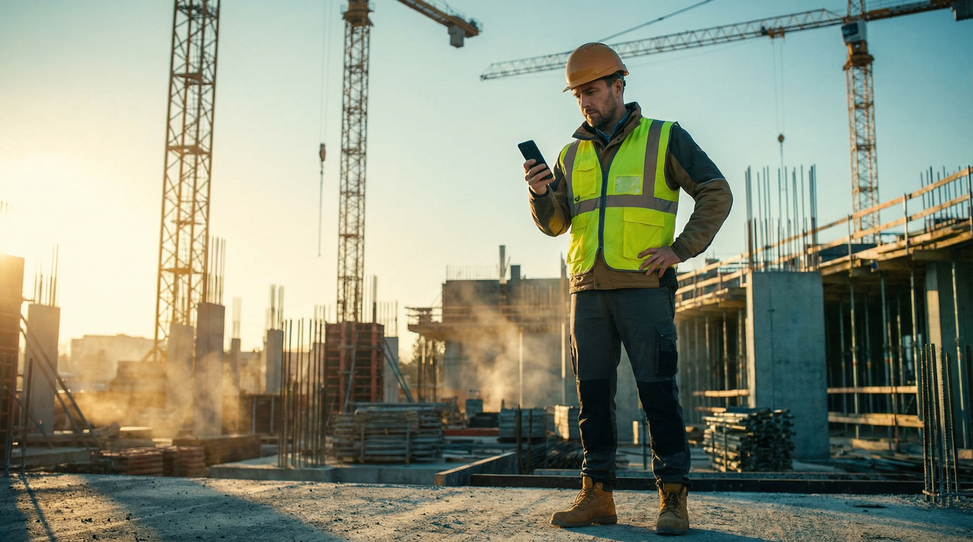 Construction supervisor in a hi-vis vest checking a phone on a hyperscale jobsite with tower cranes and rebar cages at sunrise