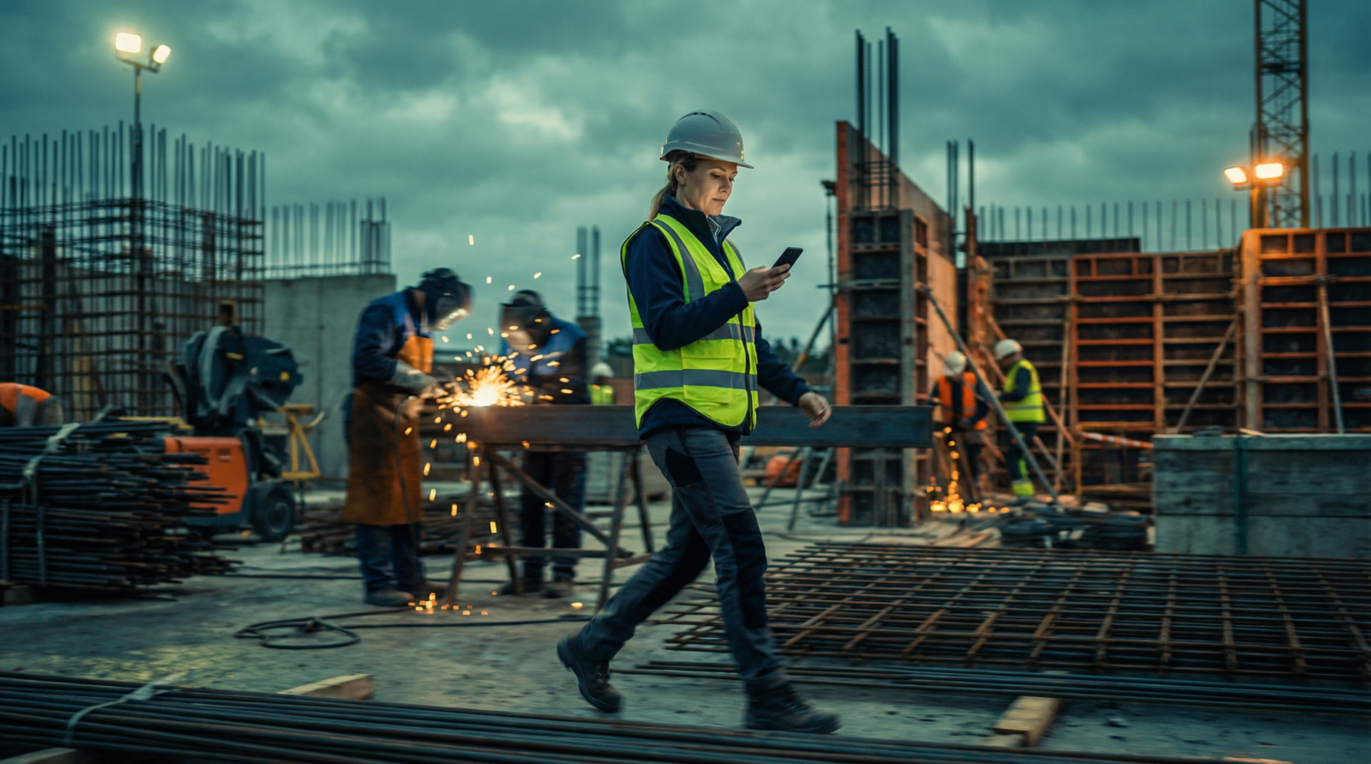 Female construction superintendent walking through a large concrete jobsite at dusk while welders work on rebar formwork behind her