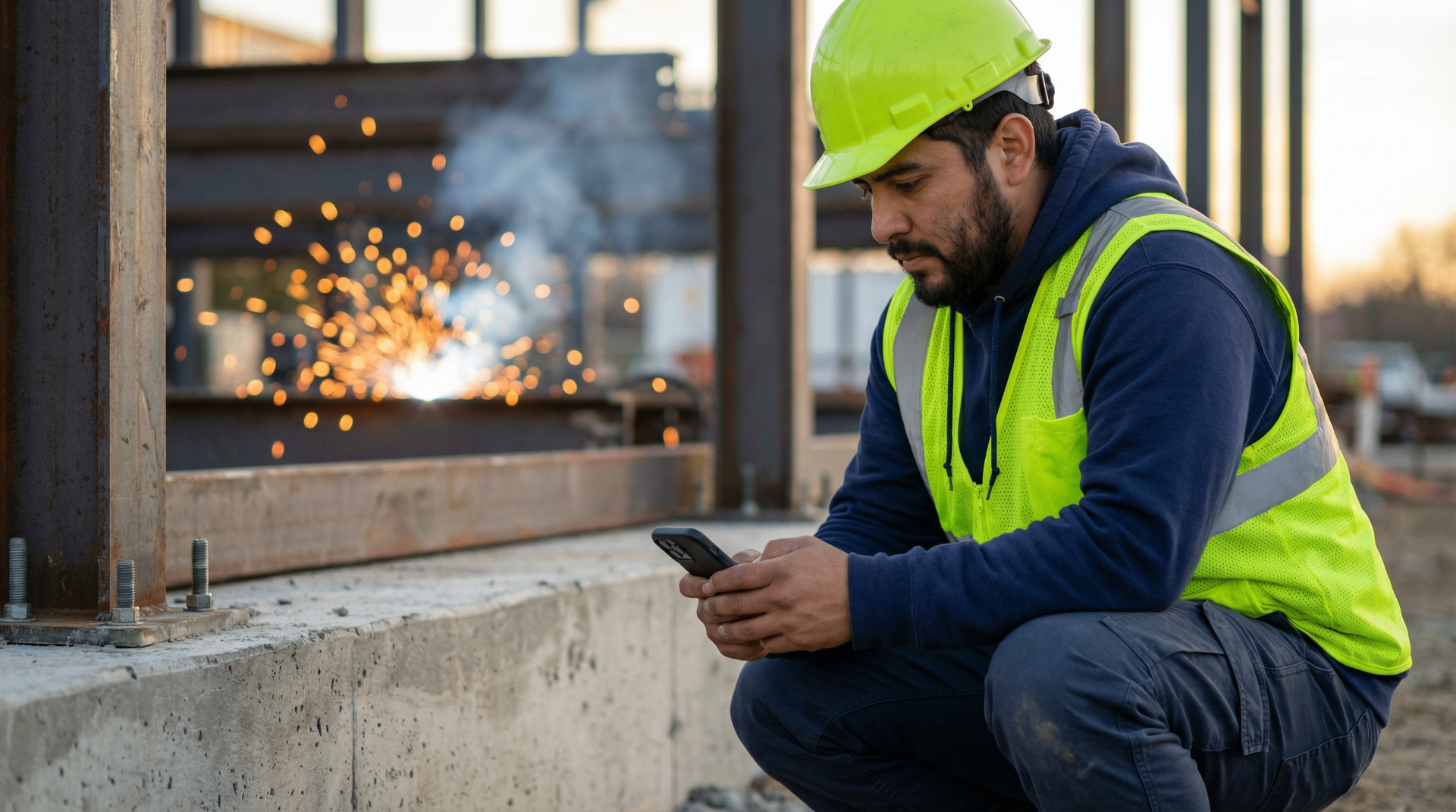Field tradesperson kneeling to review project data on a phone with welding sparks in the background at a steel-frame construction site